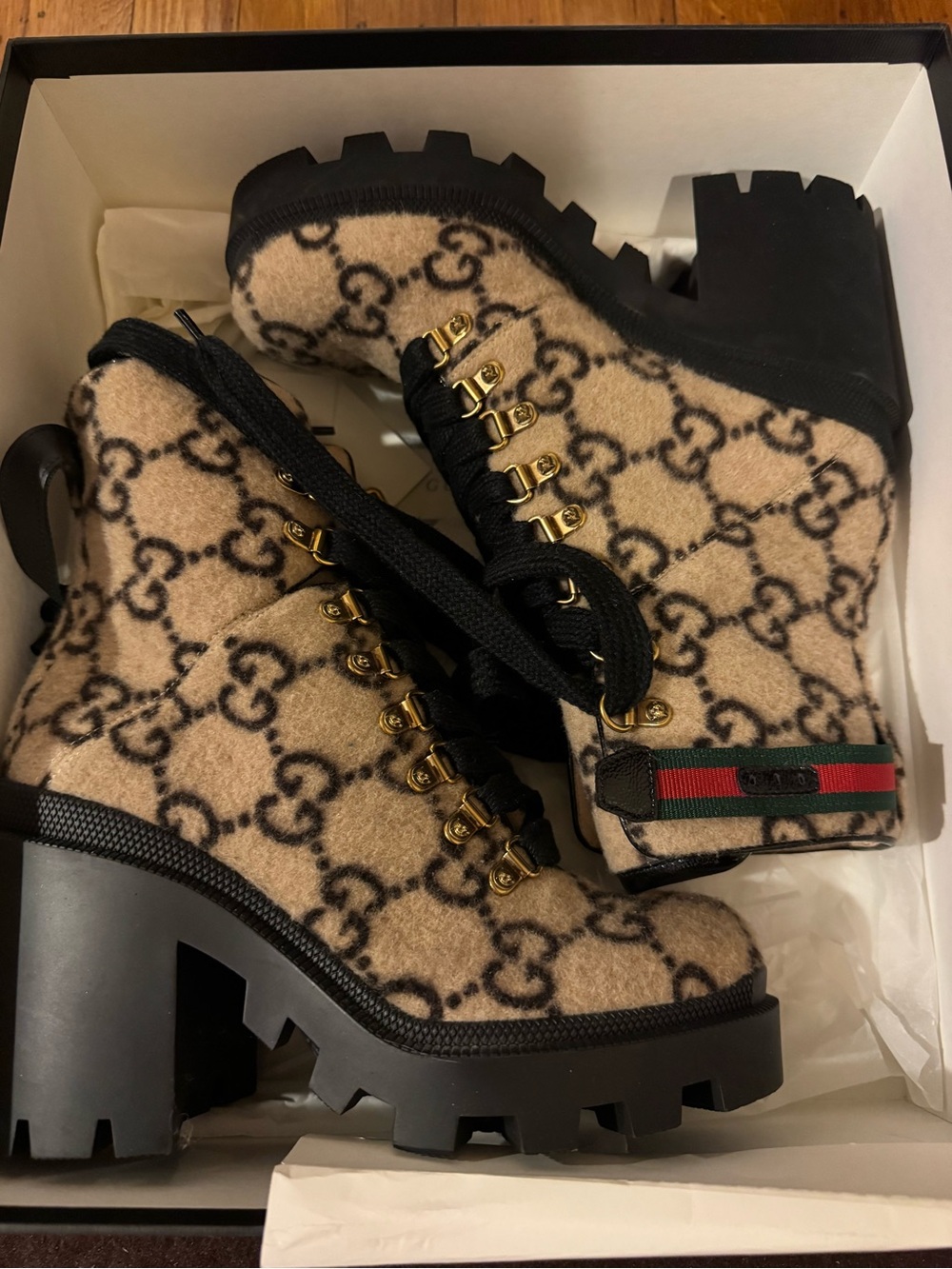 Gucci Beige GG Wool Lace-Up Ankle Boots with Web Stripe and Gold Buckles - Picture 3 of 8